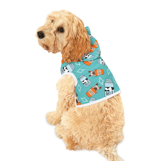 Latte & Milk Pattern Pet Hoodie — Cute Teal Coffee Dog Sweatshirt