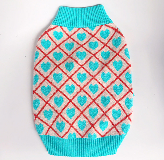 Cozy Blue Heart Dog Sweater - Fits Pug to Bulldog
