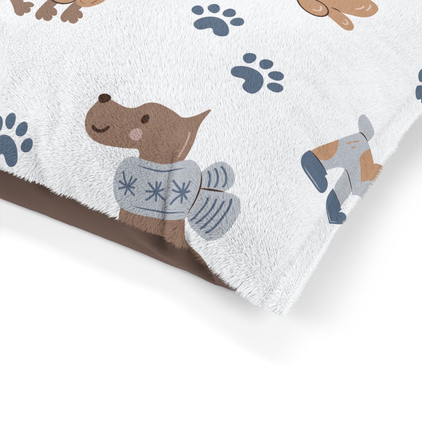 Puppies Pet Bed — Cozy Paw Print Dog Bed with Cute Dogs and Knit Hat Design