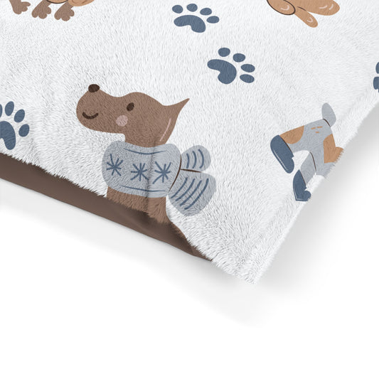 Puppies Pet Bed — Cozy Paw Print Dog Bed with Cute Dogs and Knit Hat Design