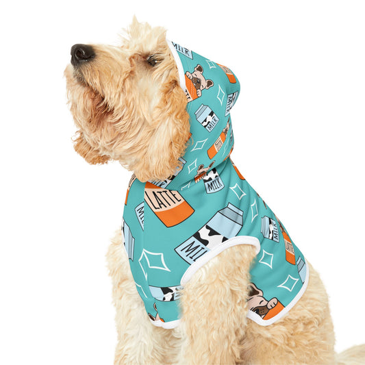Latte & Milk Pattern Pet Hoodie — Cute Teal Coffee Dog Sweatshirt