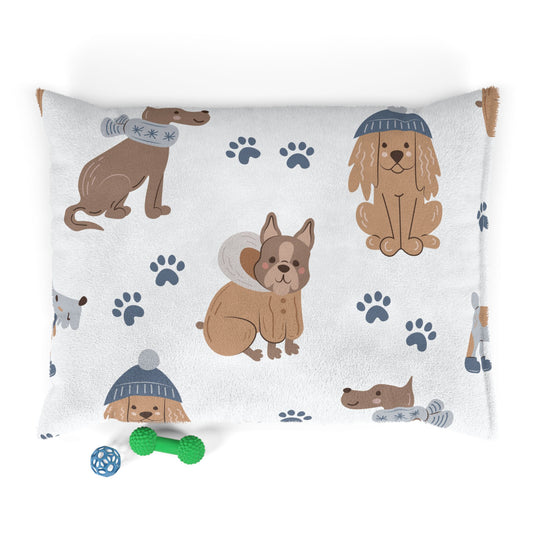 Puppies Pet Bed — Cozy Paw Print Dog Bed with Cute Dogs and Knit Hat Design
