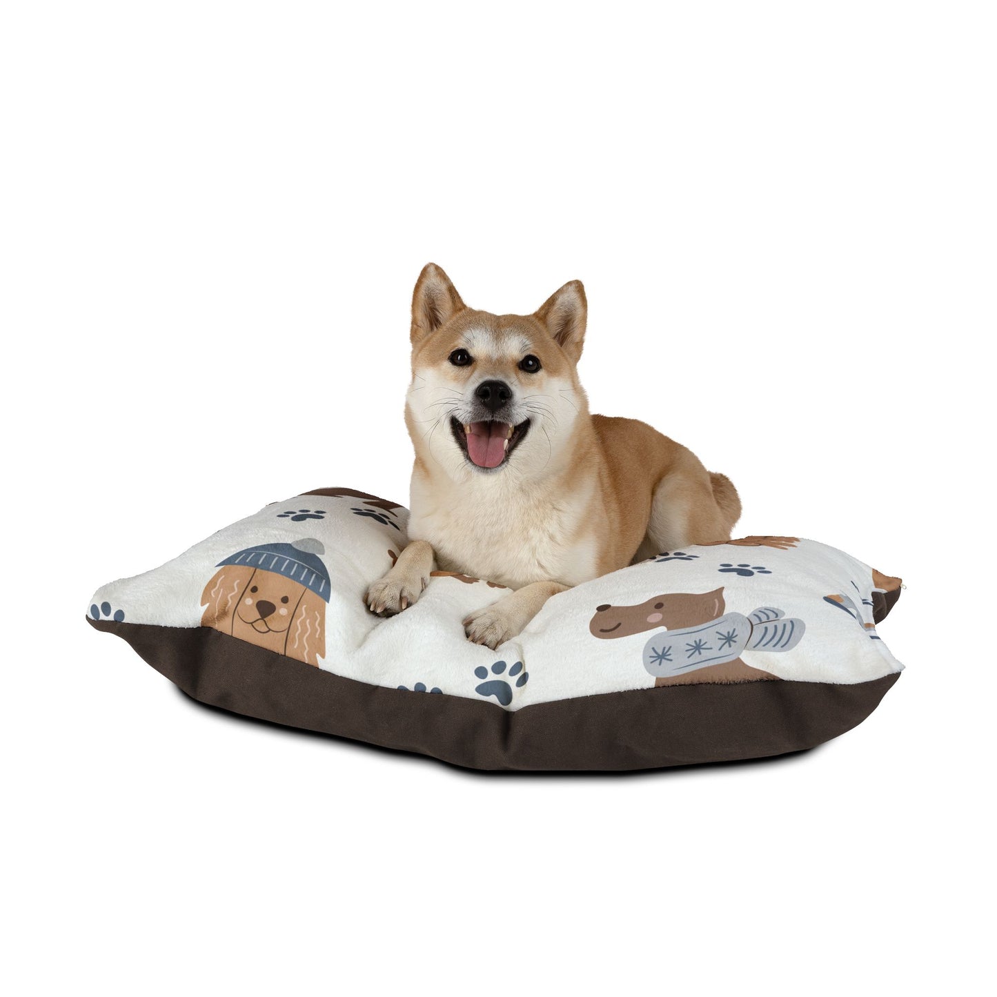 Puppies Pet Bed — Cozy Paw Print Dog Bed with Cute Dogs and Knit Hat Design